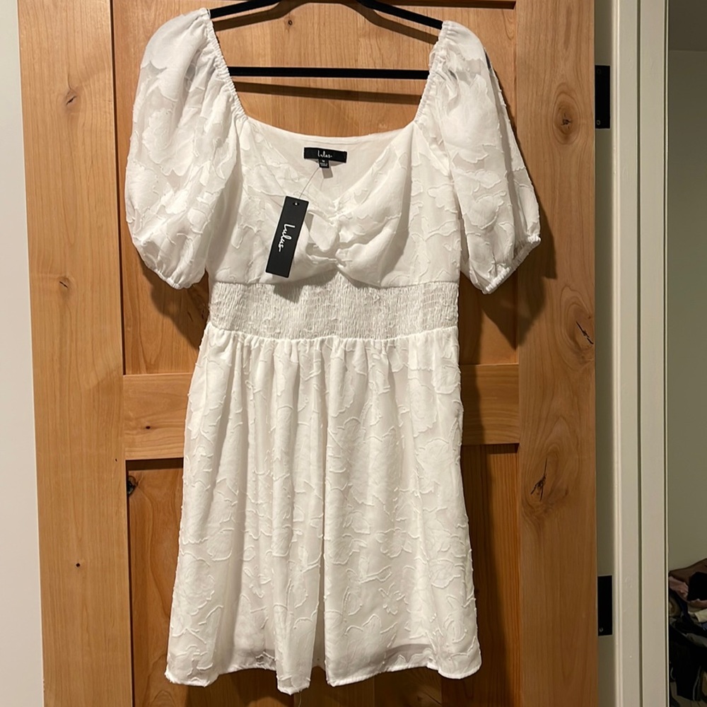 Lulu’s Embracing the Season White Floral Burnout Puff Sleeve Mini Dress